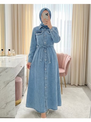 Moda Morfo Yarım Düğmeli Beli Lastikli Cepli Nakışlı Kot Elbise -Buz Mavi
