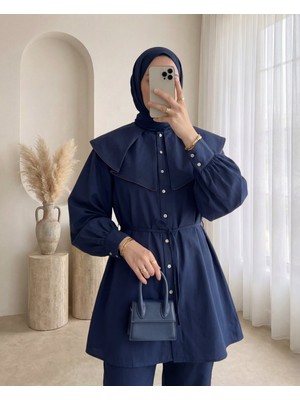 Modamorfo Geniş Yakalı Biyeli Kemerli Düğmeli Gömlek -Laci