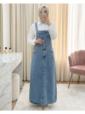 Moda Morfo Yarım Düğmeli Cepli Kot Salopet -Buz Mavi