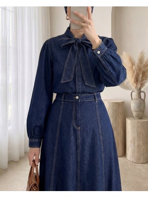 Modamorfo Yakası Bağlamalı Fermuarlı Etekli Kot Takım -K.Laci