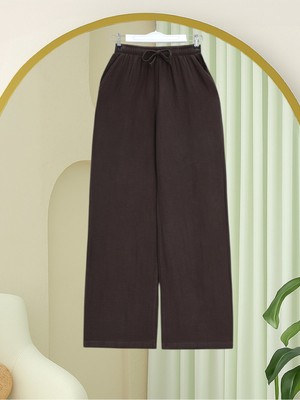 Moda Morfo Beli Lastikli Bağcıklı Bol Paça Müslin Pantolon  -Kahve