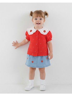 Aden Yakası Çilek Nakışlı Kot Etekli 2'li Kız Bebek Takımı