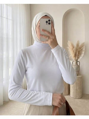 Moda Morfo Dik Yaka Uzun Kol İçlik Bluz -Beyaz
