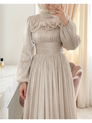 Modamorfo Beli Drapeli Kolu Lastikli Göğsü ve Eteği Fırfır Detaylı Janjan Abiye  -Taş