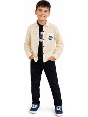 İrem Çocuk Giyim Erkek Çocuk My Tears Yazılı Uzun Kol Çıtçıt Kapama Gömlek Kot Pantolon Tişört Krem Renk Üçlü Takım