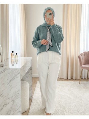 Modamorfo Fularlı Yumoş Triko Kazak    -Su Yeşili