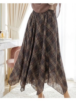 Modamorfo Eteği Asimetrik Kesim Kraşlı Astarlı Tensel Etek -K. Kahve