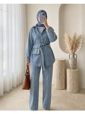 Modamorfo Çanta Cepli Çimalı Pantolonlu Kot Takım -Mavi