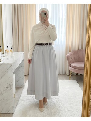 Modamorfo Etek Ucu Dikiş Detaylı Beli Lastikli Astarlı İthal Soft Gabardin Etek -Taş