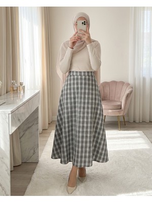 Modamorfo Beli Lastikli Ekose Desenli Poliviskon Etek -Açık Gri