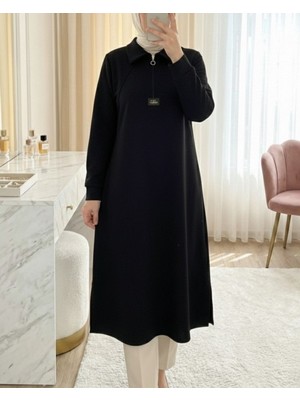 Modamorfo Yarım Fermuarlı Yırtmaçlı Uzun Oyşo Tunik -Siyah