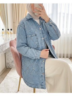 Modamorfo Çift Cepli Taşlı Önü Düğmeli Kot Ceket -Indigo