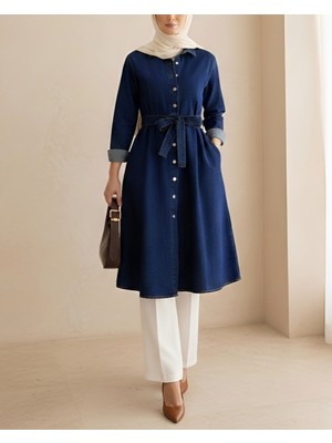 Modamorfo Boydan Çıtçıtlı Kemerli Kot Kap -Indigo