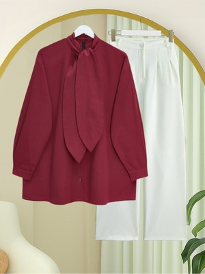 Modamorfo Yakası Bağlamalı Düğmeli Oversize Gömlek -Bordo
