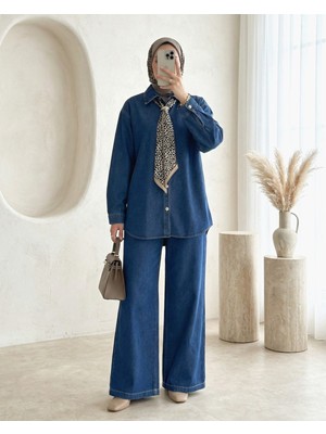 Modamorfo Bol Paça Beli Lastikli Pantolonlu Fular Detaylı Kot Takım -Indigo