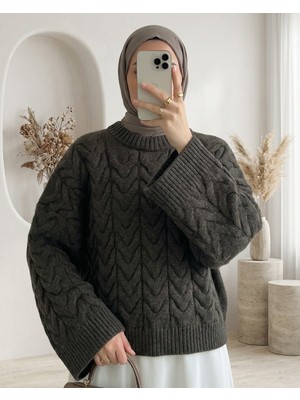 Modamorfo Örgü Desenli Salaş Krop Triko Kazak -K. Kahve