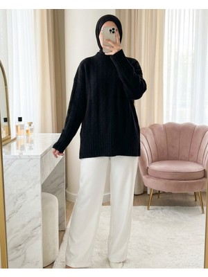 Modamorfo Yarım Boğazlı Şerit Desenli Yumoş Triko Kazak -Siyah