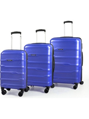 Polo&sky Azra Model Çivit Pp Polipropilen Kırılmaz 3'lü Kabin Boy + Orta Boy + Büyük Boy Valiz Seti