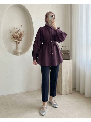 Moda Morfo Kolu Fırfırlı Taşlı Düğmeli Bağlamalı Gömlek -Mürdüm