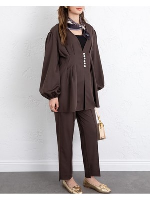 Modamorfo Taşlı Düğmeli Kolu Lastikli Double Pantolonlu Takım  -K. Kahve