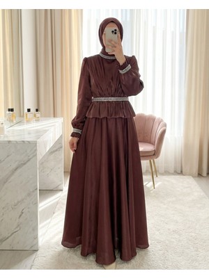 Modamorfo Beli Volan Detaylı Taşlı Janjan Saten Abiye -G.kurusu