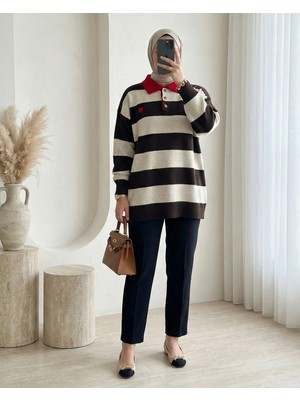 Modamorfo Gömlek Yaka Düğmeli Kalp Nakışlı Triko Tunik -K. Kahve