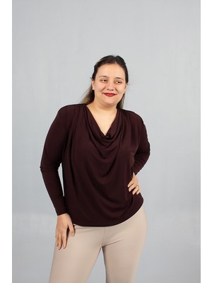 Truva Xxl Degaje Yaka Kahverengi Bluz Candy Kumaş Likralı Rahat Kalıp
