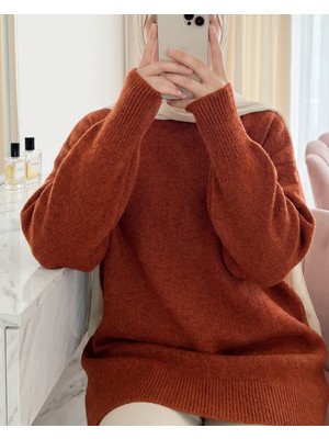 Modamorfo Yarım Boğazlı Yumoş Salaş Triko Kazak -Kiremit