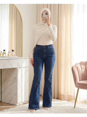 Modamorfo Cepli İspanyol Paça Likralı Fermuarlı Kot Pantolon -Koyu Mavi