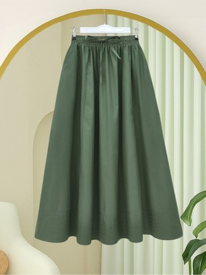 Modamorfo Beli Lastikli Bağcıklı Cepli Dikiş Detaylı Etek  -Koyu Yeşil