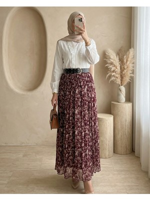 Modamorfo Çiçek Desenli Astarlı Kalın Kemerli Şifon Etek -Mürdüm