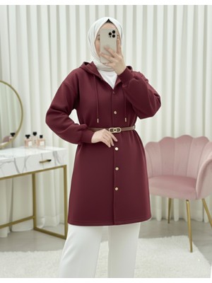 Modamorfo Kapşonlu Önü Çıtçıtlı Beli Kemerli Üç Iplik Sweat Kap -Bordo
