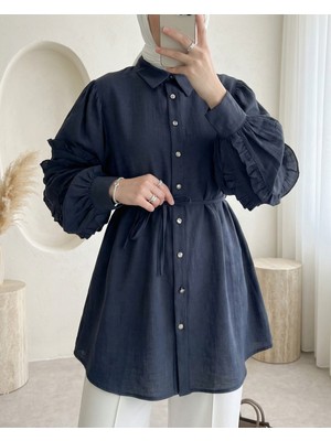 Moda Morfo Kolu Fırfırlı Taşlı Düğmeli Bağlamalı Gömlek -Laci