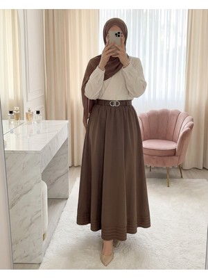 Modamorfo Etek Ucu Dikiş Detaylı Beli Lastikli Astarlı İthal Soft Gabardin Etek -Kahve