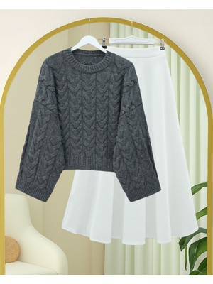 Modamorfo Örgü Desenli Salaş Krop Triko Kazak  -Füme