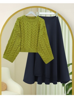 Modamorfo Örgü Desenli Salaş Krop Triko Kazak -Yağ Yeşili