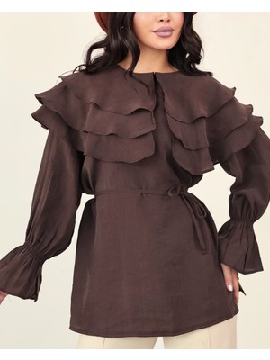 Modamorfo Geniş Katlı Yakalı Bileği Lastikli Beli Bağlamalı Yırtmaçlı Tunik  -Kahve