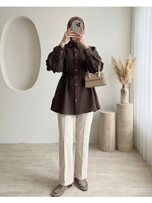 Modamorfo Kolu Fırfırlı Taşlı Düğmeli Bağlamalı Gömlek -K. Kahve