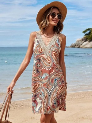 Beruflic Kadın Kısa Kollu Dantel V Yakalı Desenli Süprem Elbise