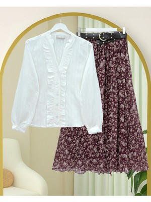 Modamorfo V Yaka Önü Fırfırlı Tensel Yari Transparan Buket Gömlek -Beyaz