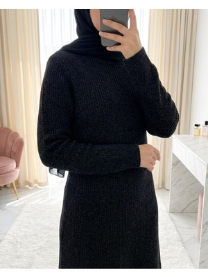 Modamorfo Bisiklet Yaka Beli Oturtmalı Yumoş Triko Elbise   -Siyah