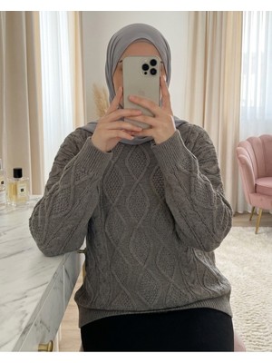 Modamorfo Petek Desen Kışlık Salaş Triko Kazak             -Toprak