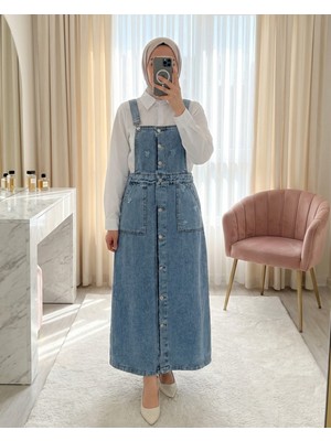 Moda Morfo Yıpratma Detaylı Boydan Düğmeli Çift Cepli Kot Salopet -Buz Mavi