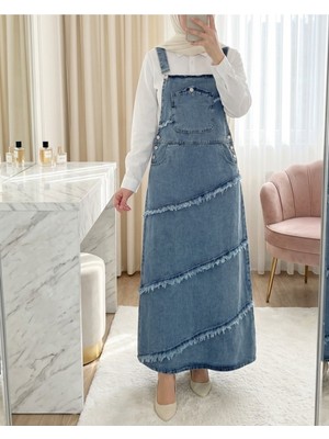 Modamorfo Cepli Yanı Düğmeli Püskül Detaylı Kot Salopet -Buz Mavi