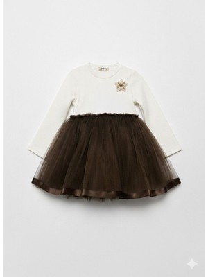 Özge Başaran Kız Çocuk Krem Üstlü Kahve Tüllü Elbise Özel Gün & Doğum Günü Kombini
