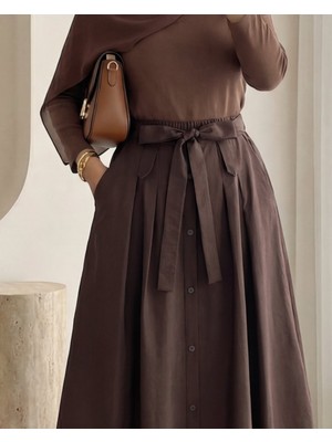 Modamorfo Önü Düğmeli Bağcıklı Paraşüt Etek -Kahve