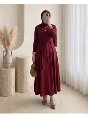 Modamorfo Önü Düğmeli Bağcıklı Paraşüt Etek -Bordo