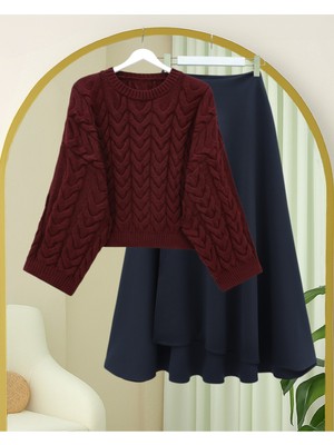 Modamorfo Örgü Desenli Salaş Krop Triko Kazak -Bordo