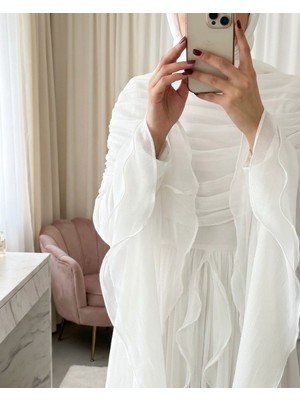 Modamorfo Straplez Volanlı Drapeli Ipeksi Organze Abiye  -Ekru