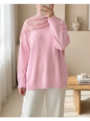 Modamorfo Yuvarlak Yaka Salaş Triko Kazak    -Pudra